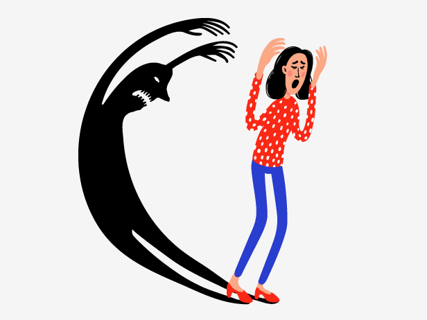 An illustration of a young woman looking scared with a frightening shadow behind her