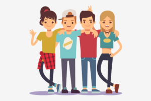 An illustration of four young people with their arms around each other's shoulders
