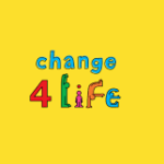 Change4life logo.Yellow background with multi coloured words which say the word change the number 4 and the word life