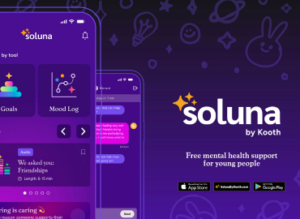 Soluna by Kooth marketing pic. Two screens of what app offerrs and where it can be downloaded from.