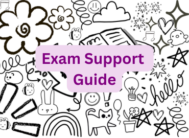 Doodle background with text saying 'Exam Support Guide'