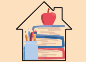 Books and pencil pot within a home symbol