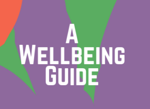 Colourful background with white text, a wellbeing guide
